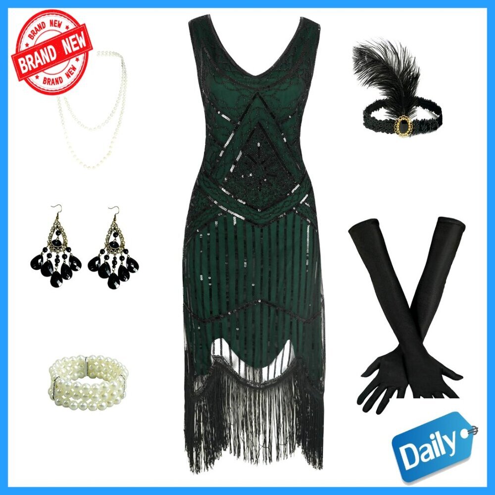 Sequin Fringed Beaded Flapper Dress with Accessories Set, Gatsby Party